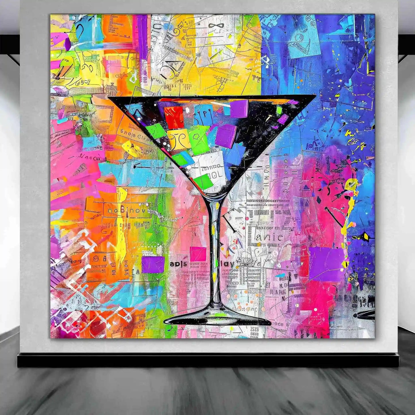 Art gallery mockup of a colorful Abstract martini glass. Mixed Media Martini-Graphique Addictions.