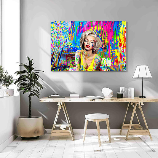 Marilyn Monroe in an art studio, surrounded by colorful paint splashes and brushes, art studio wall mockup. Titled-Marilyn's pop studio-Graphique Addictions.