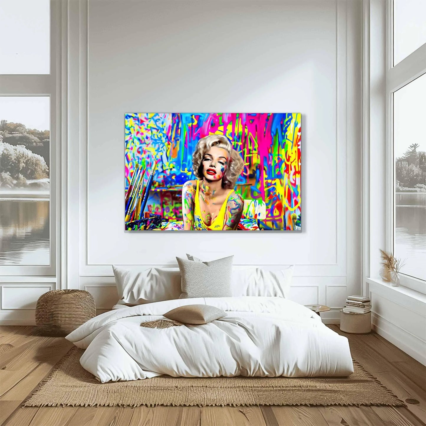 Marilyn Monroe in an art studio, surrounded by colorful paint splashes and brushes, bedroom wall mockup. Titled-Marilyn's pop studio-Graphique Addictions.