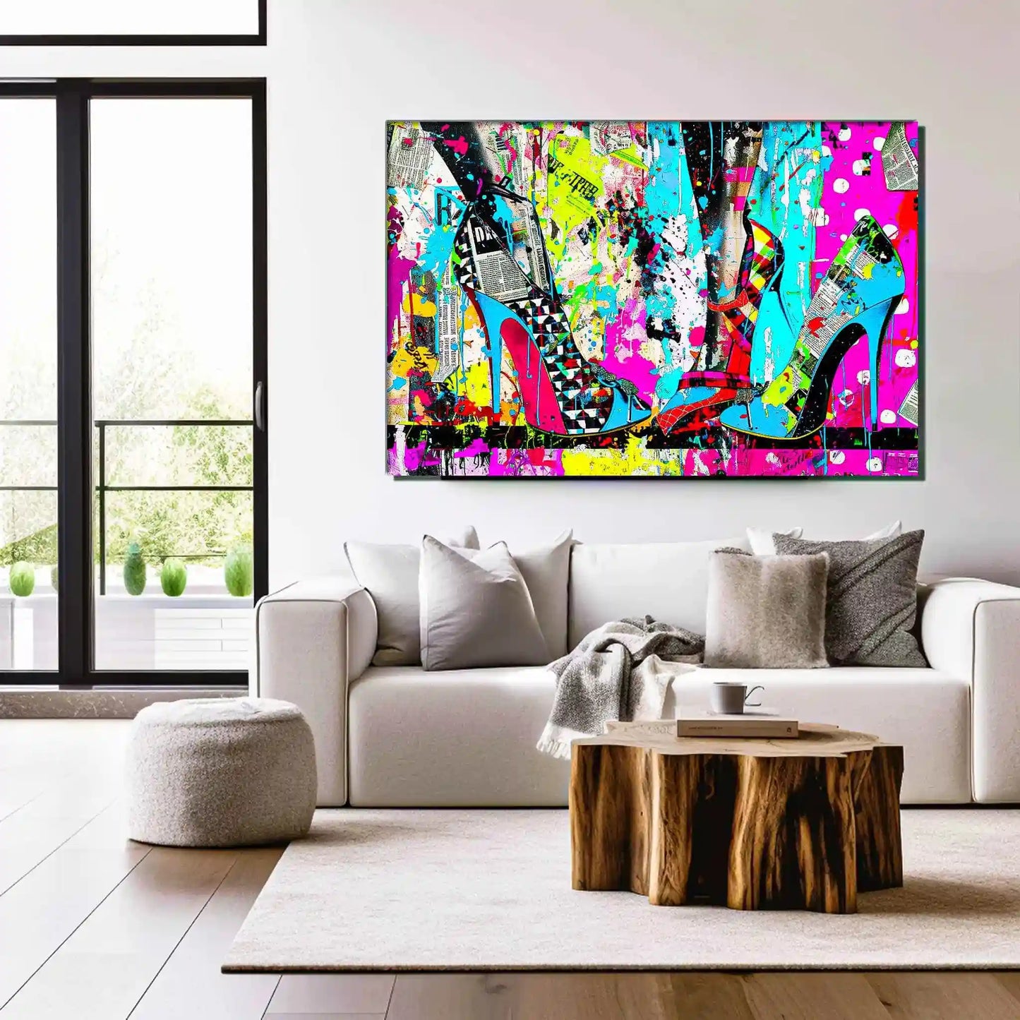 Living room wall decor of high heels against a backdrop of colorful newspaper texture collage and paint splashes. Neon Stiletto 80's Remix-Graphique Addictions.