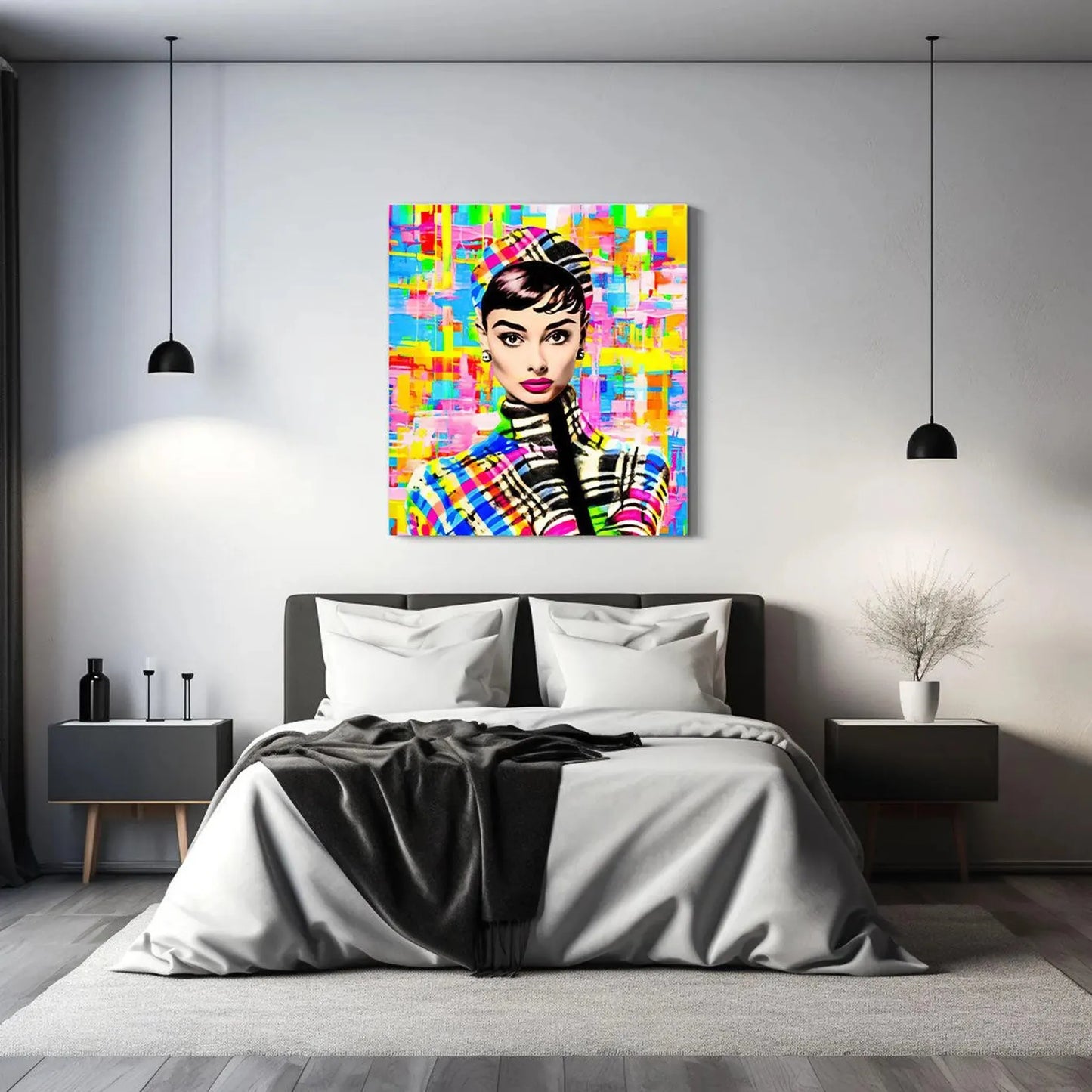 Bedroom Mockup Featuring Audrey Hepburn Pop Art Print on Multicolored Plaid Background.
