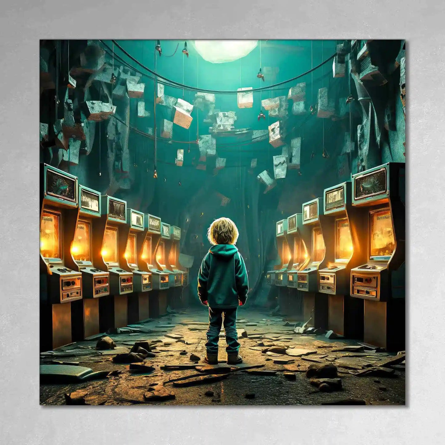 Art print of little boy standing in an abandoned arcade with broken machines and scattered debris. Forgotten Arcade Room-Graphique Addictions.