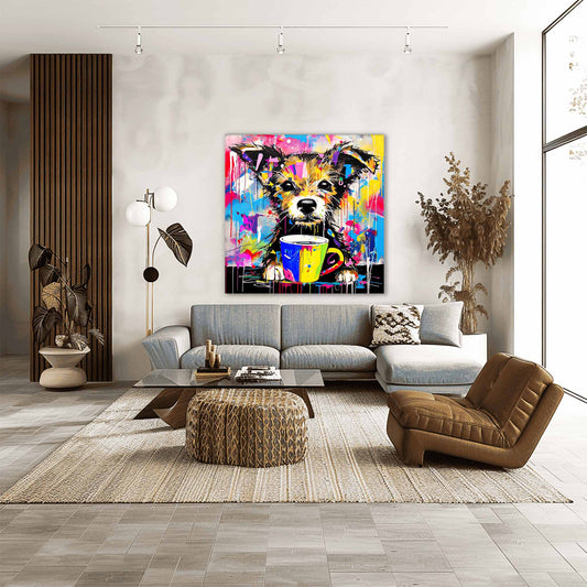 Living room mockup of a puppy holding a cup of coffee with colorful paint splatters. Puppuccino Picasso-Graphique Addictions.