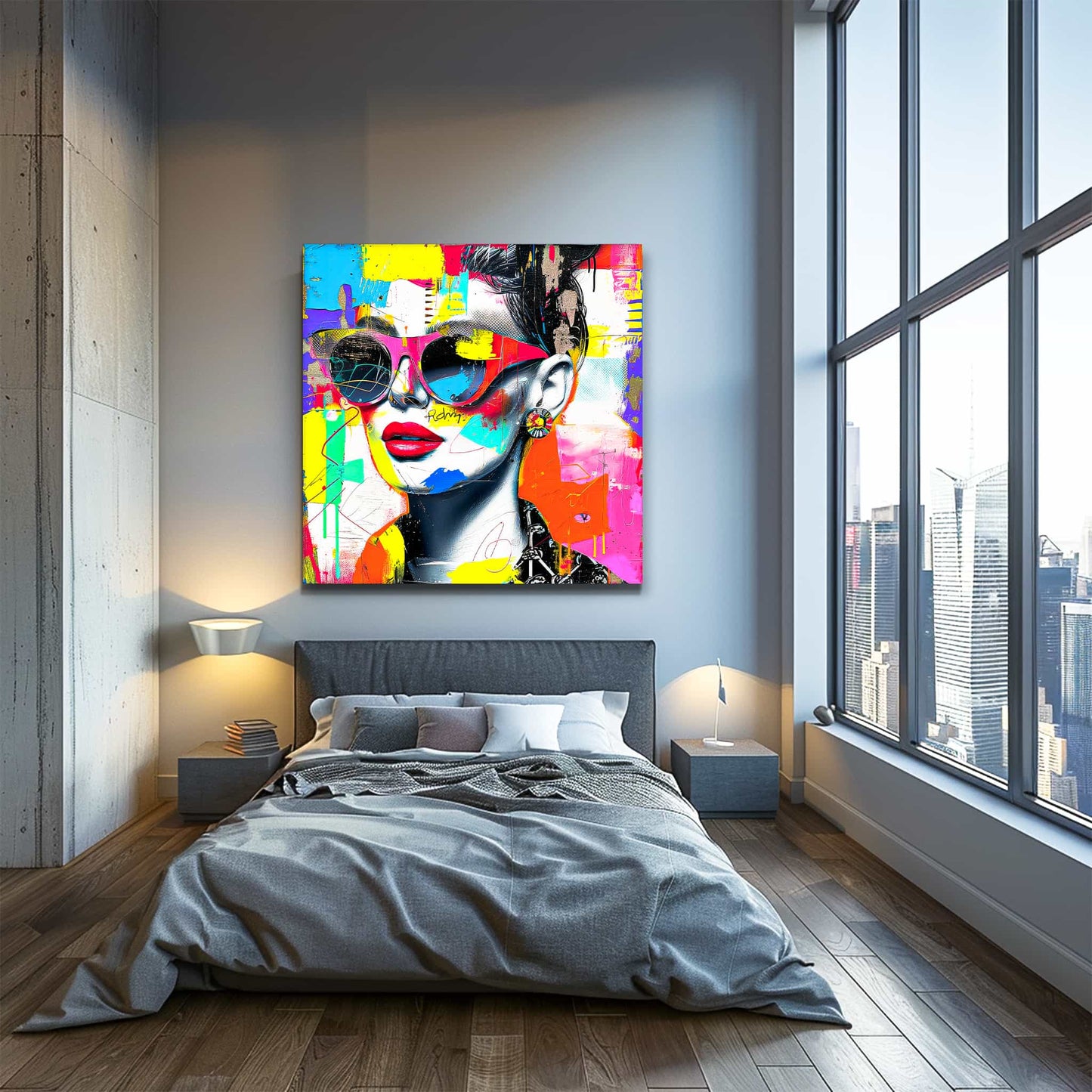 Bedroom wall decor portrait of a woman wearing sunglasses, red lips, and a bold earring against colorful abstract strokes, textures, and graffiti-inspired elements. Shades of Compositions-Graphique Addictions