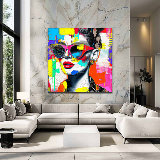Living room wall decor portrait of a woman wearing sunglasses, red lips, and a bold earring against colorful abstract strokes, textures, and graffiti-inspired elements. Shades of Compositions-Graphique Addictions