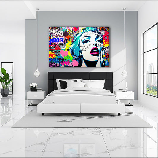 Bedroom wall decor of a cartoon woman with her hand on her mouth surrounded by large pink hearts and background of bright colors and patterns. Shouts in Spectrum-Graphique Addictions