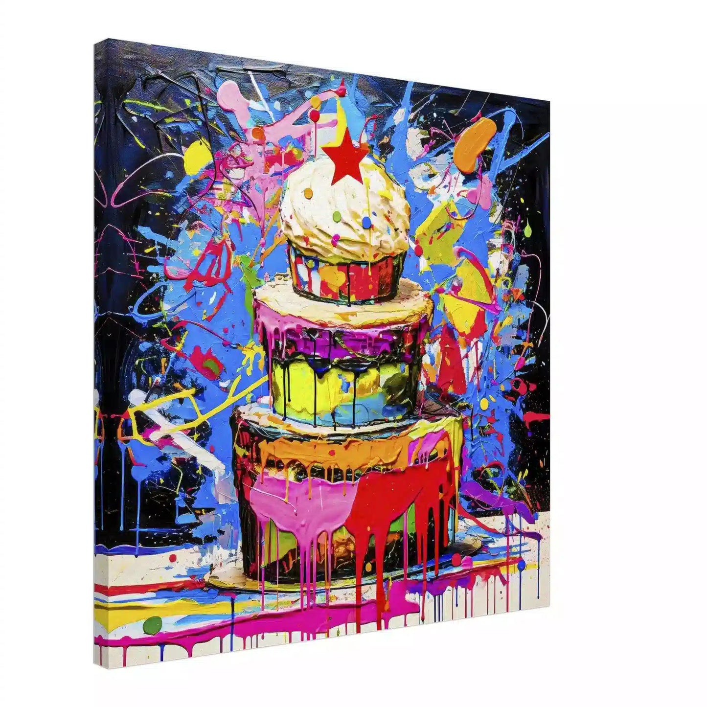 Chromatic Cake Confection: Canvas of Multi-tiered birthday cake with colorful frosting dripping down its sides, neon paint splashes. Graphique Addictions.