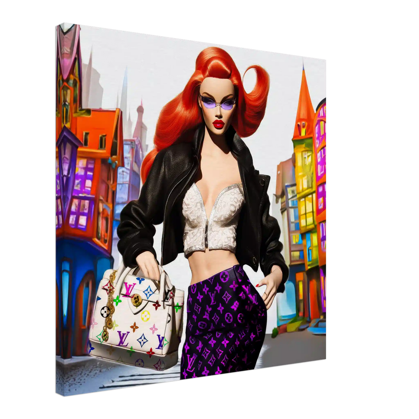 Canvas print of red-haired fashion doll in white halter top, black leather skirt, holding Louis Vuitton bag with colorful building backdrop. City Doll Pop-Graphique Addictions.
