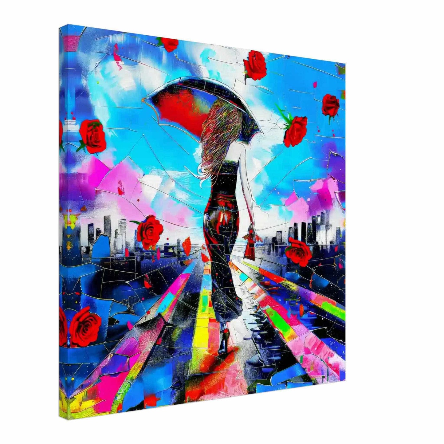 Canvas print of a woman in high heels, walking with an umbrella and red rose petals floating across a city skyline. City Streets in Bloom-Graphique Addictions.
