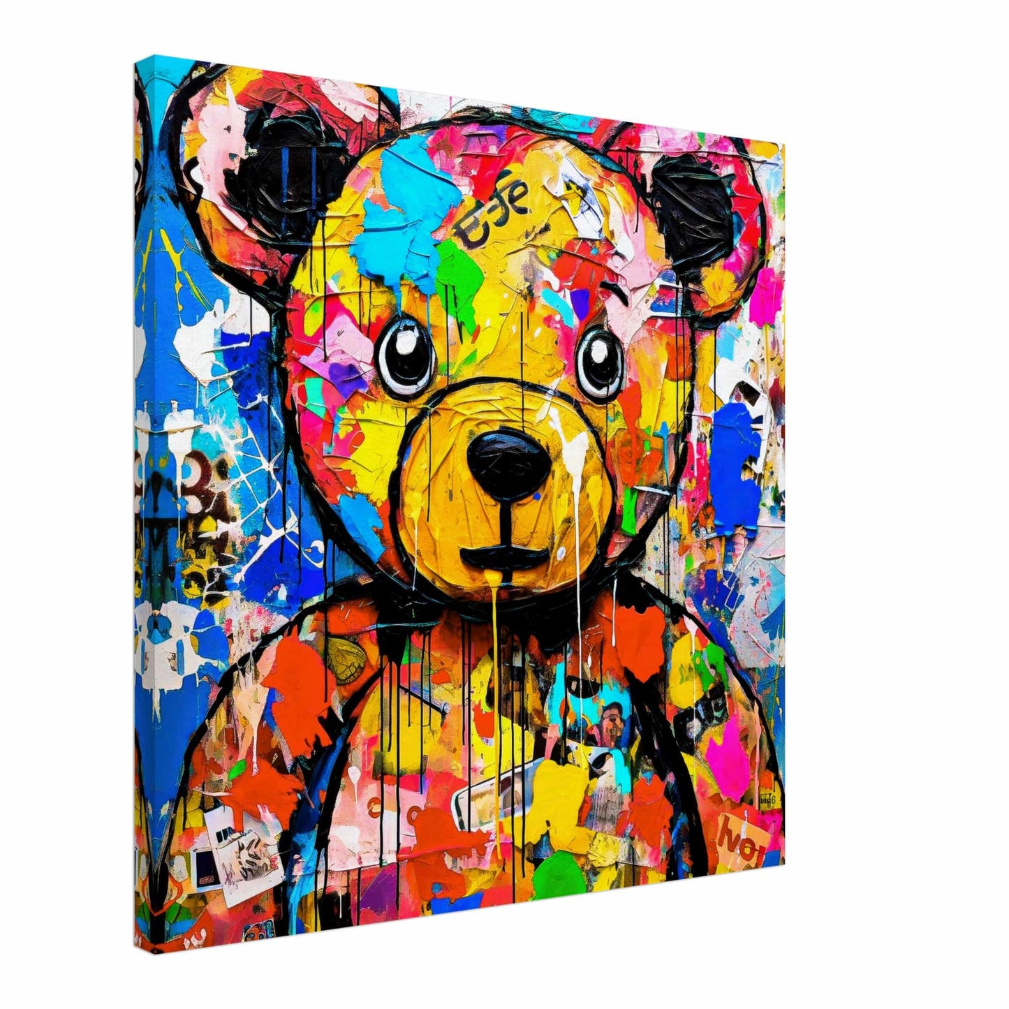 Teddy bear with multi-colored paint splashes, canvas print. Fluffy Street Vogue-Graphique Addictions