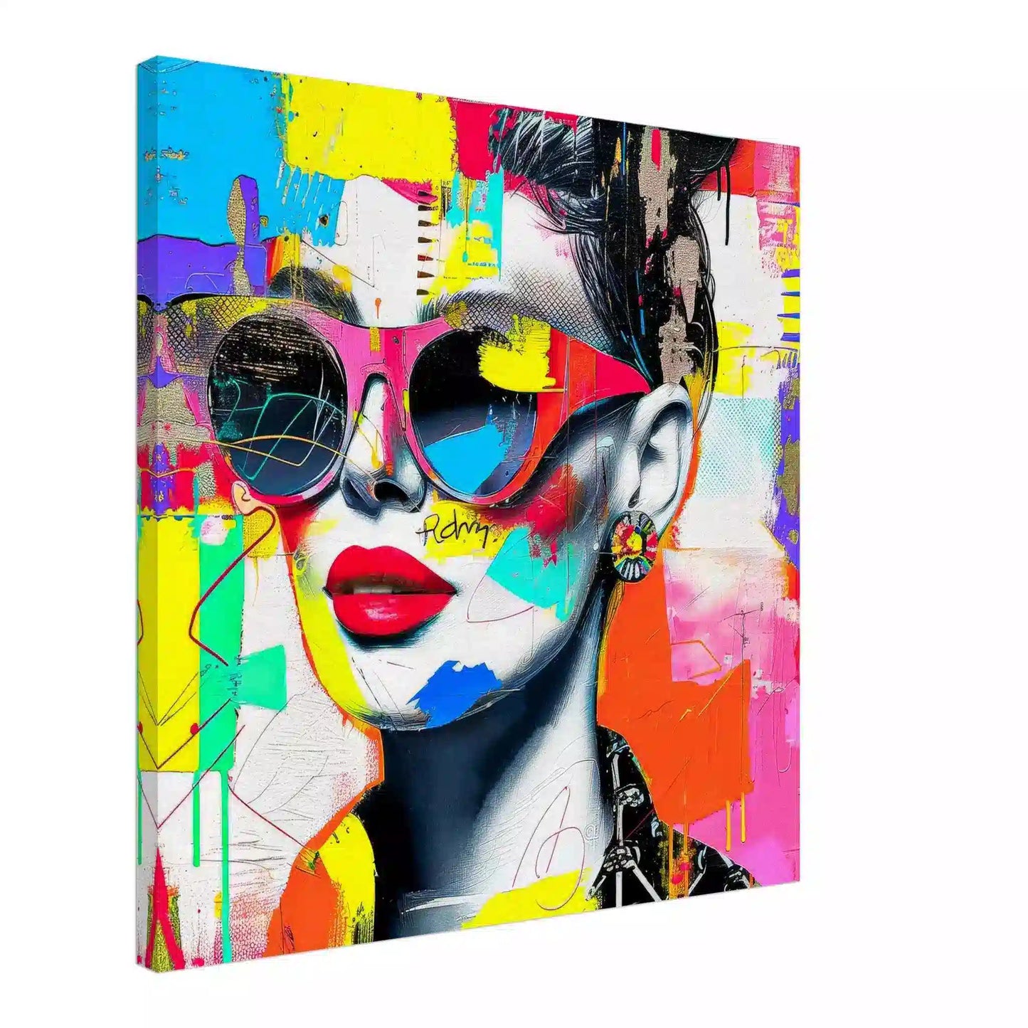 Portrait of a woman wearing sunglasses, red lips, and a bold earring against colorful abstract strokes, textures, and graffiti-inspired elements. Canvas Print-Slim-Shades of Compositions-Graphique Addictions