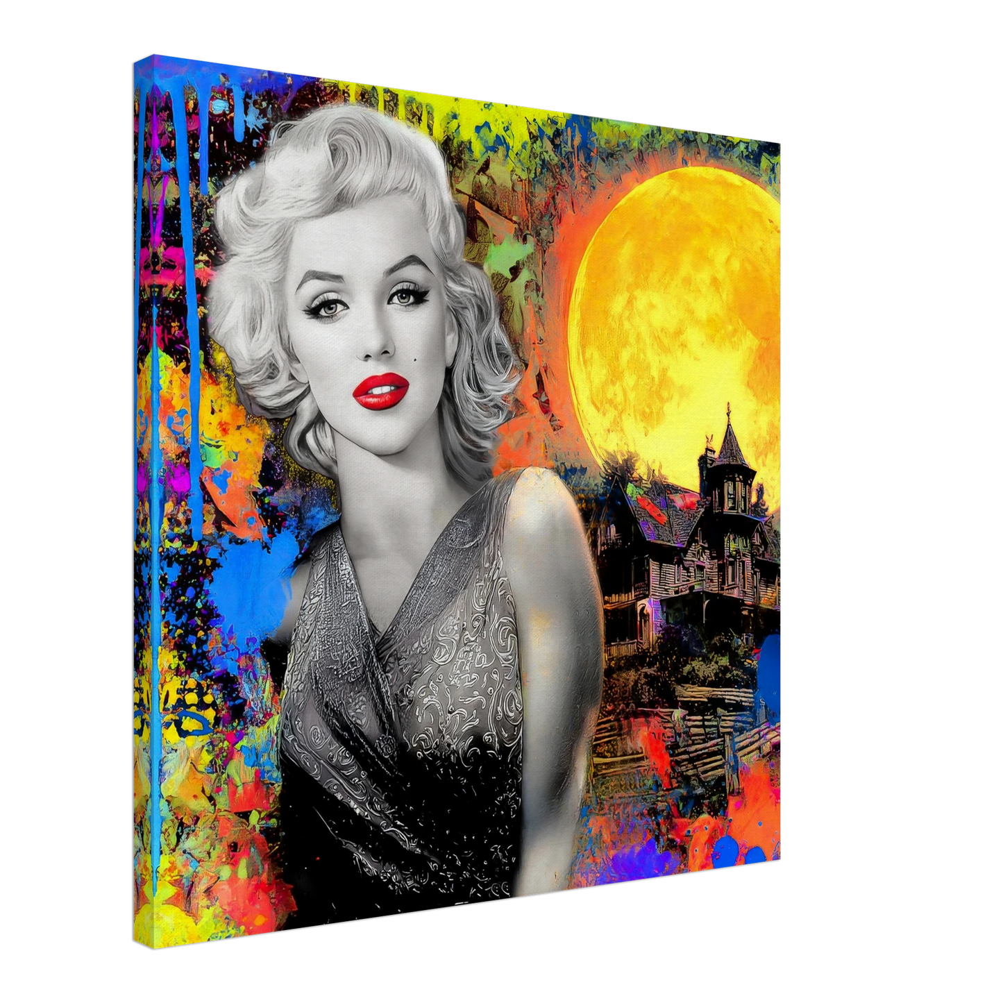 colorful slim canvas art print of marilyn monroe with paint splashes and a moon and haunted house behind her. Haunted Moonlight Vixen-Graphique Addictions.