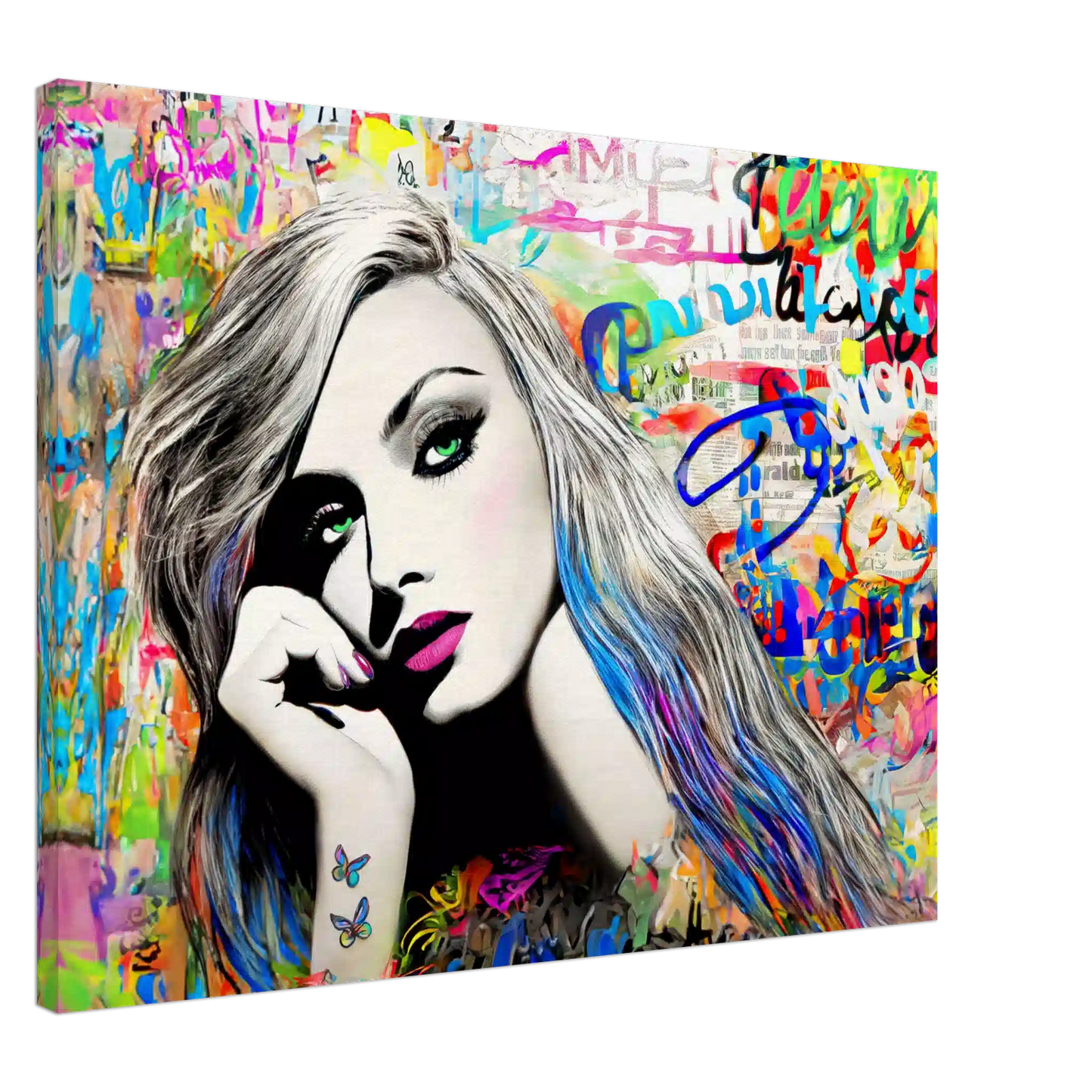 Slim canvas art print of a woman with long colorful streaked hair and green eyes against colorful graffiti. Splash of Vibrance-Graphique Addictions.