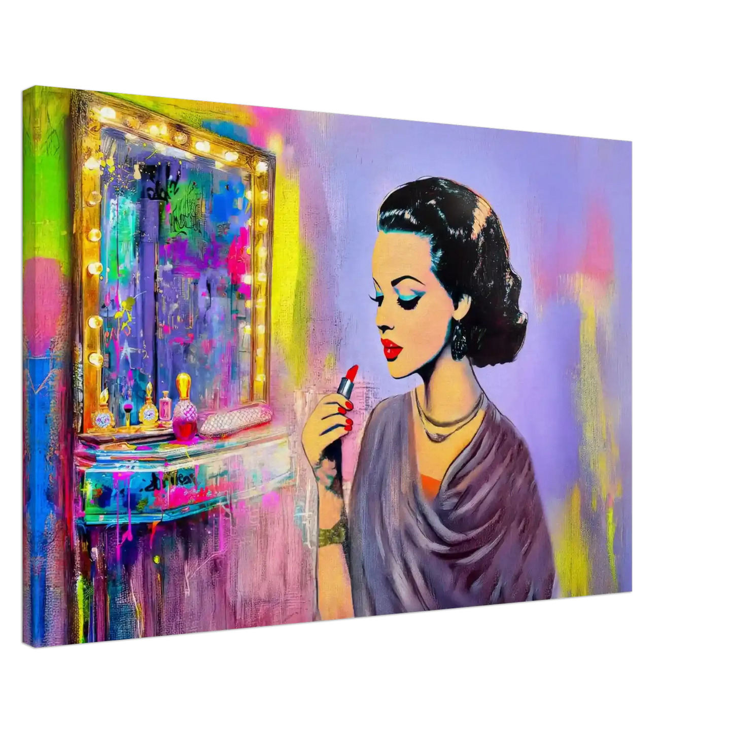 slim canvas print of a dark haired woman applying lipstick in front of a vanity mirror, with vintage makeup tools and colorful bold color. Hollywood Vintage Starlet-Graphique Addictions.