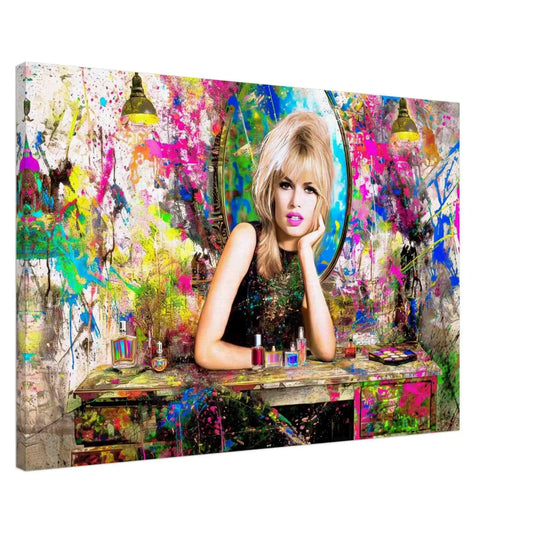 Brigitte Bardot sitting her at a vanity table, surrounded by makeup and hair products, graffiti background with colorful abstract paint splashes, canvas print. Brigitte Bardot Vanity Graffiti-Graphique Addictions.