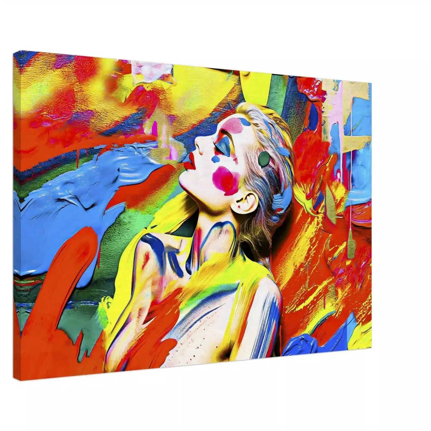 Canvas print of a woman against a background of bold, abstract painted brushstrokes. Chromatic Liquid Elegance-Graphique Addictions.