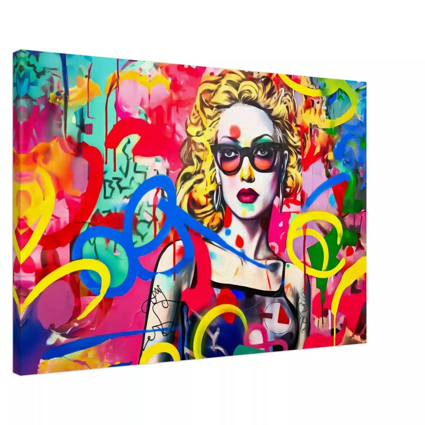 Canvas art print of a blonde haired woman with tattoos wearing sunglasses, set against a vibrant graffiti backdrop. Title: Tattooed Temptation-Graphique Addictions.