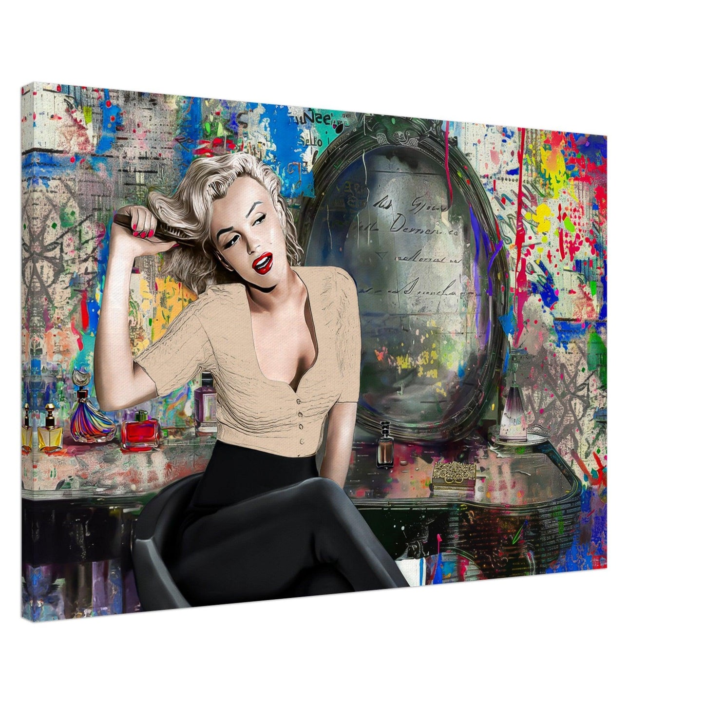 Marilyn Monroe sitting at her vanity, in front of an old vintage mirror surrounded by graffiti, beauty products, and vibrant paint splashes, canvas print. Marilyn at the Vanity-Graphique Addictions.