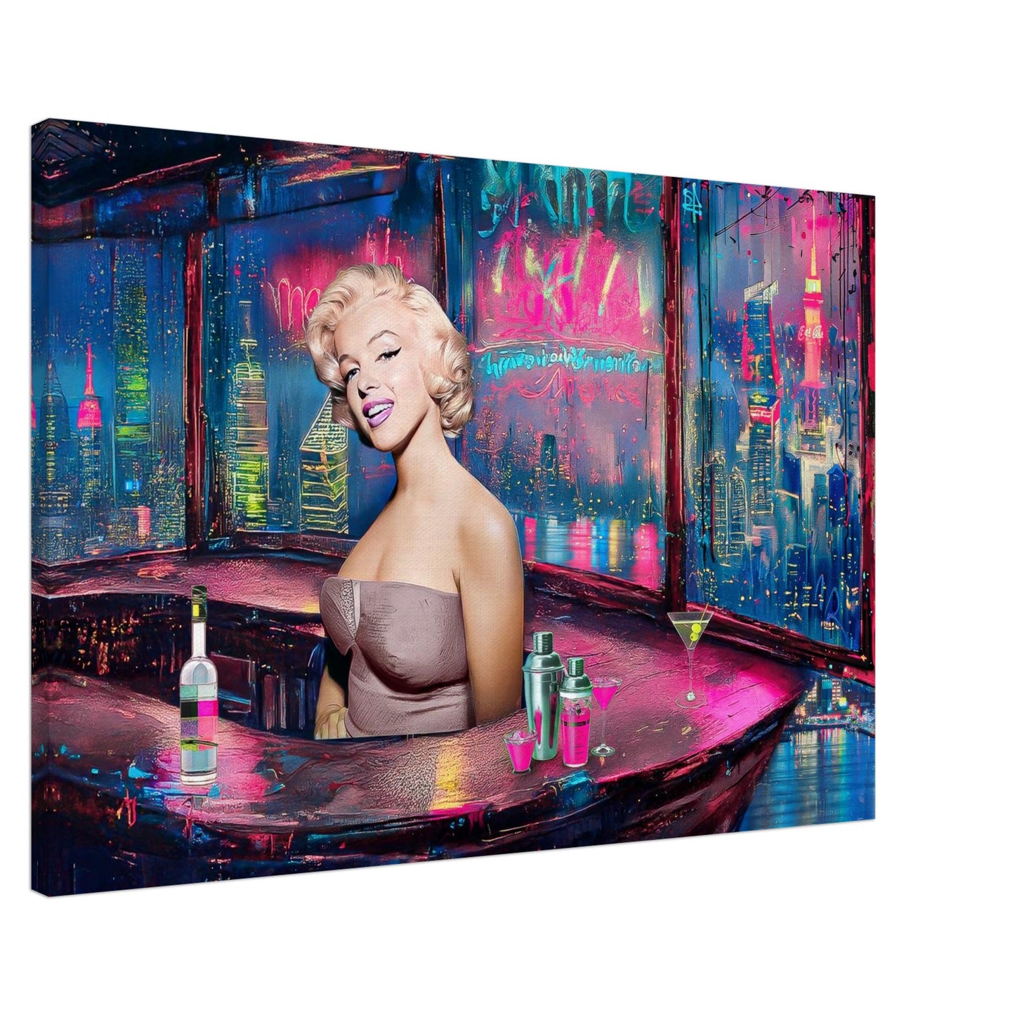 pop art slim canvas print of marilyn monroe as a bartender in a colorful cyberpunk bar overlooking the NYC skyline through the window. Graphique Addictions