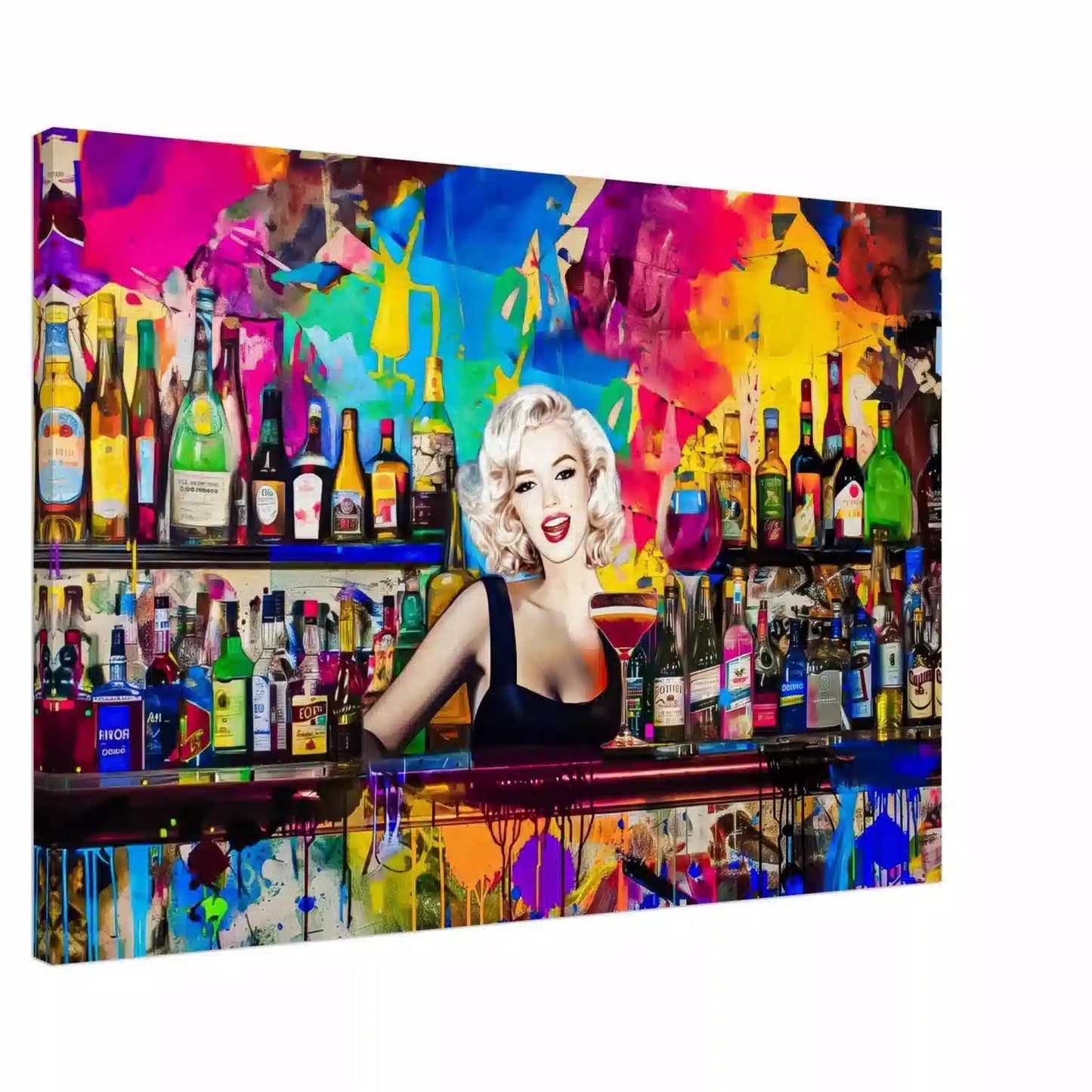 Slim canvas print of Marilyn Monroe as a bartender, in a colorful bar surrounded by vibrant abstract patterns and shelves stocked with colorful liquor bottles. Monroe Mixology-Graphique Addictions.