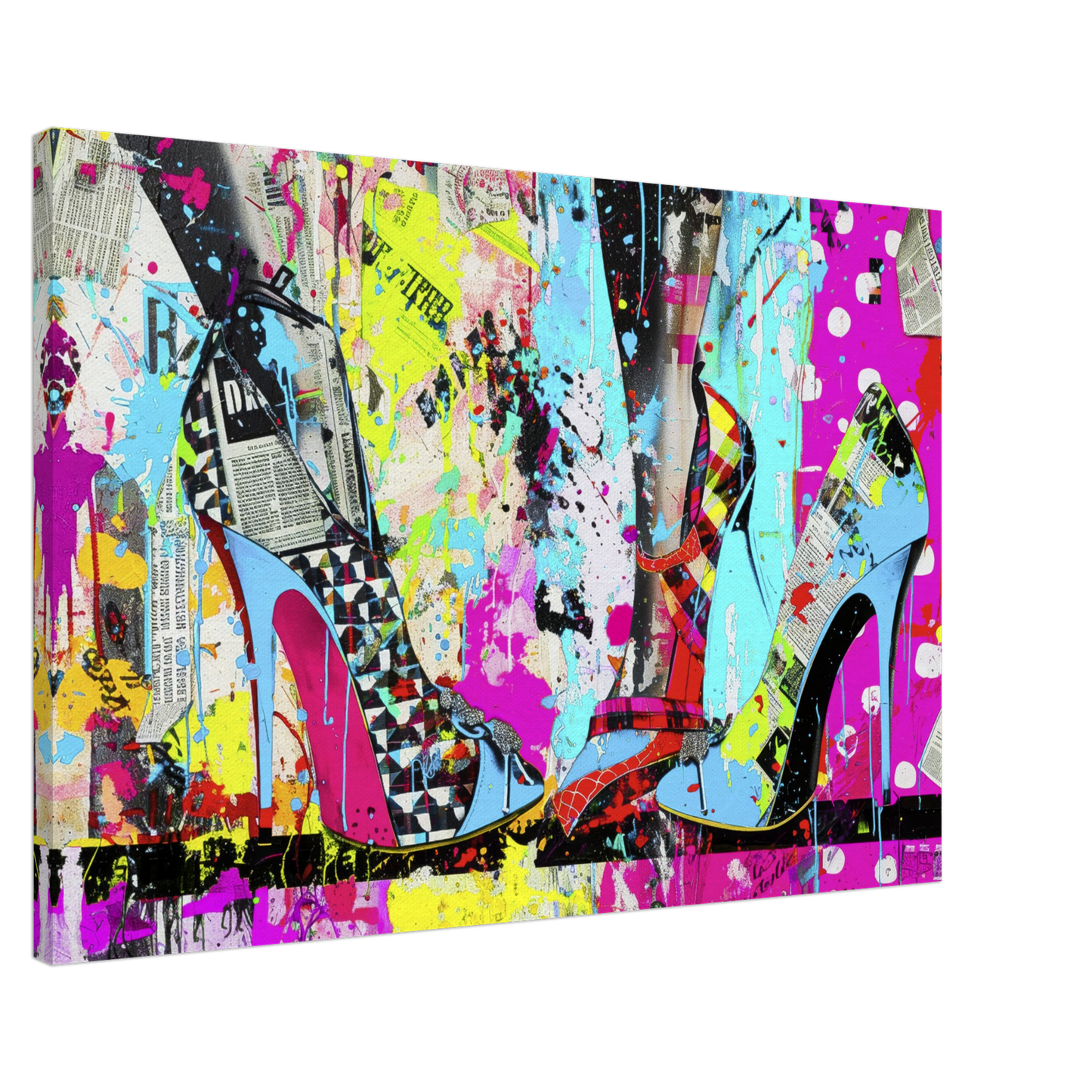canvas print of high heels against a backdrop of colorful newspaper texture collage and paint splashes. Neon Stiletto 80's Remix-Graphique Addictions.