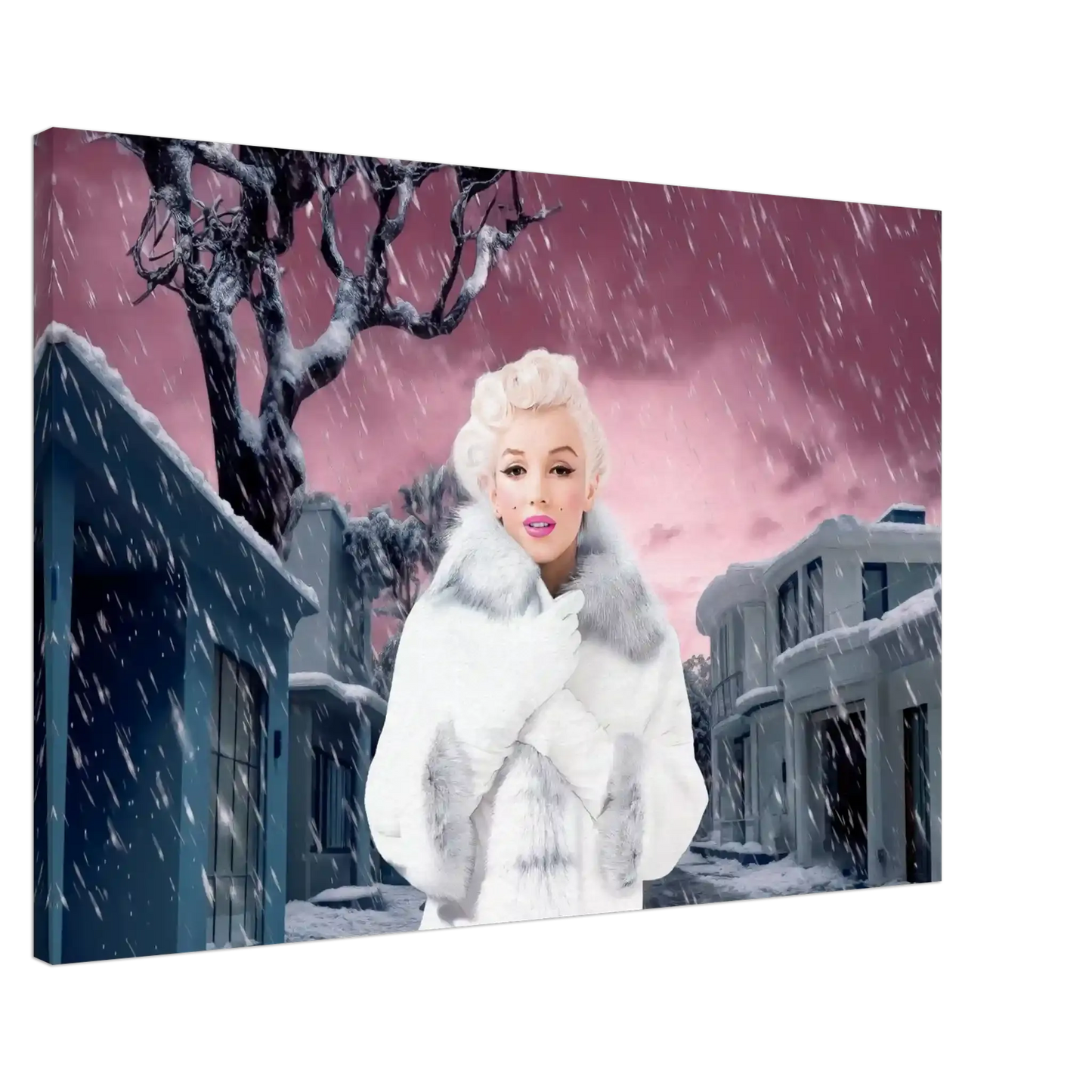 slim canvas of marilyn monroe wearing a white fur coat and gloves, standing under a snowy sky with a pink hue, surrounded by gray houses.