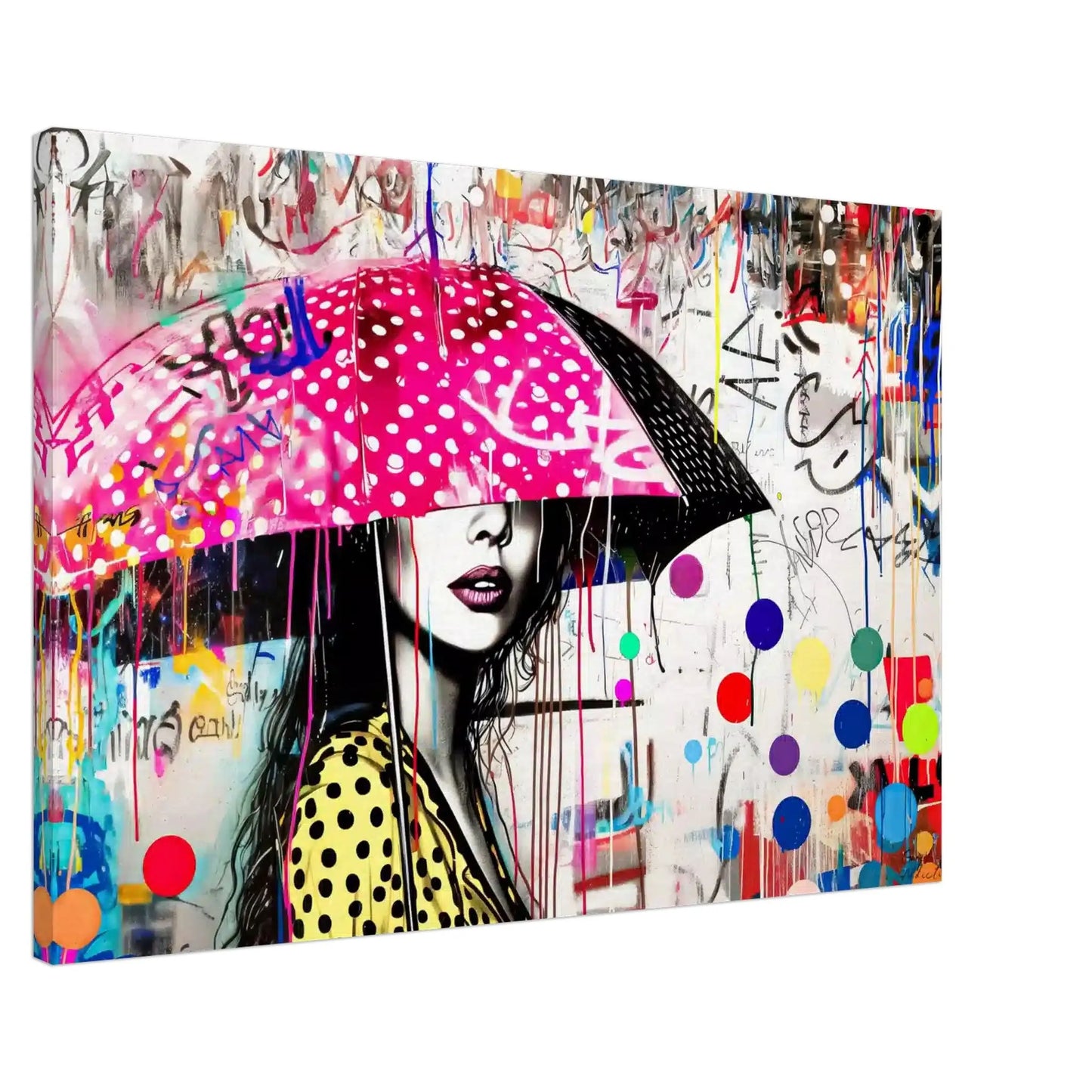 canvas print of woman holding a pink umbrella with white polka dots and colorful paint splashes. Street Art Storm-Graphique Addictions.