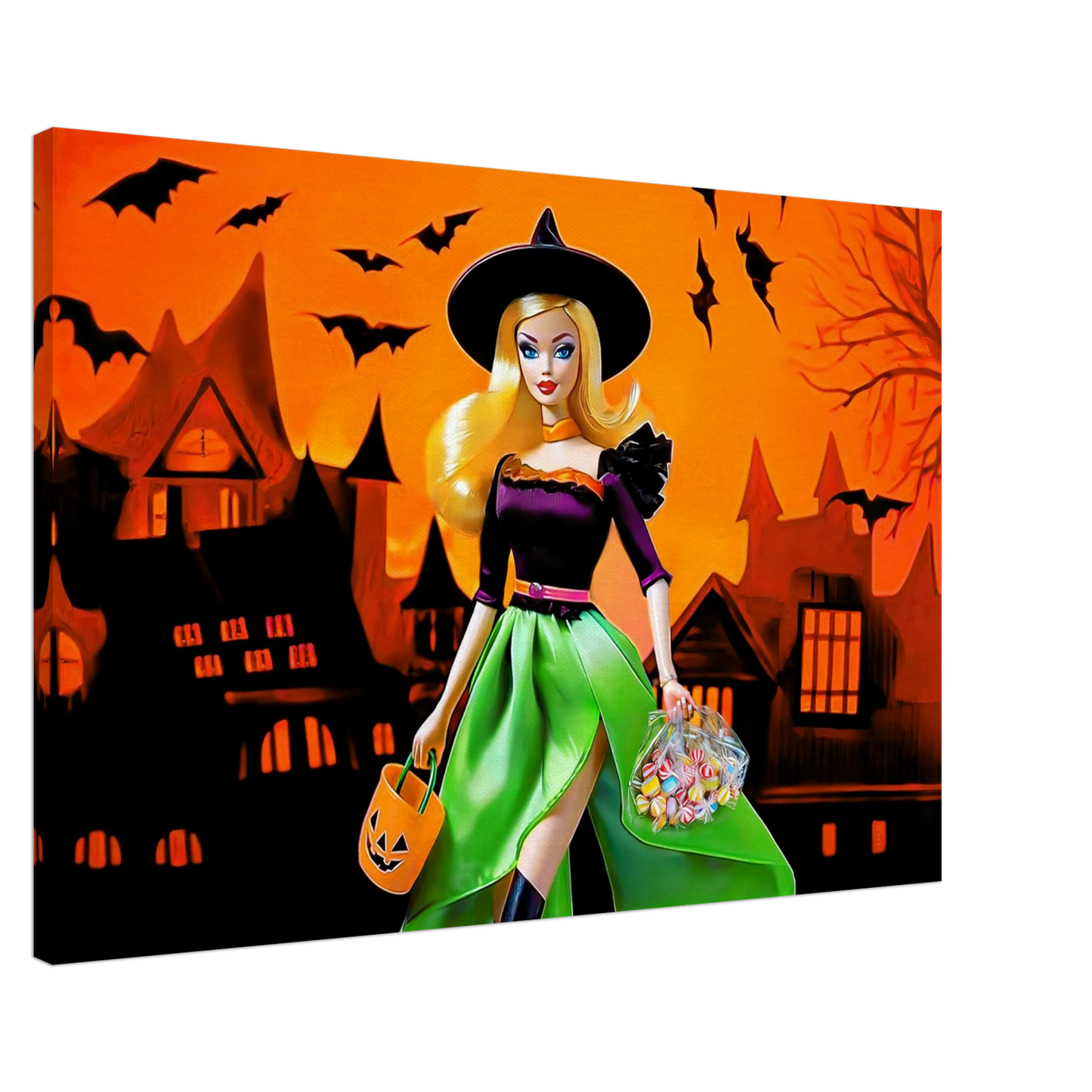 slim canvas print of a Halloween-themed barbie dressed as a witch. Haunted Barbie Witch-Graphique Addictions.