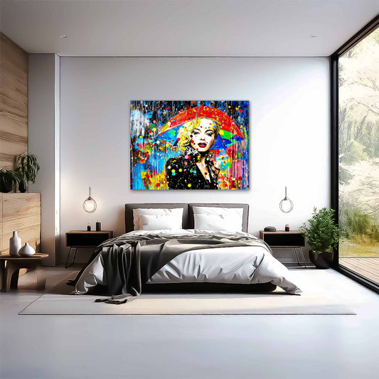 Bedroom wall decor of Marilyn Monroe with an umbrella and colorful painted rain drops. Splash of Elegance-Graphique Addictions.