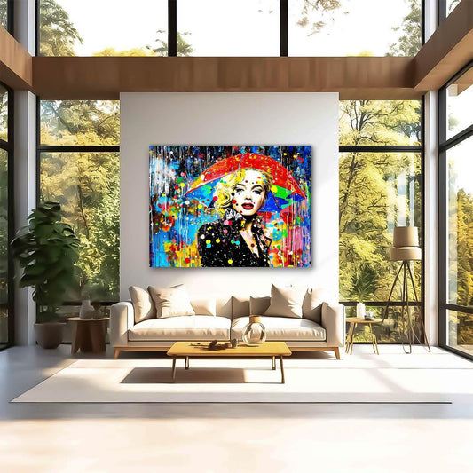 Living room wall decor of Marilyn Monroe with an umbrella and colorful painted rain drops. Splash of Elegance-Graphique Addictions.