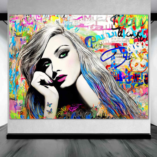 Colorful Graffiti Pop-Art of a woman with long colorful streaked hair and green eyes. Art Gallery mockup, Splash of Vibrance.