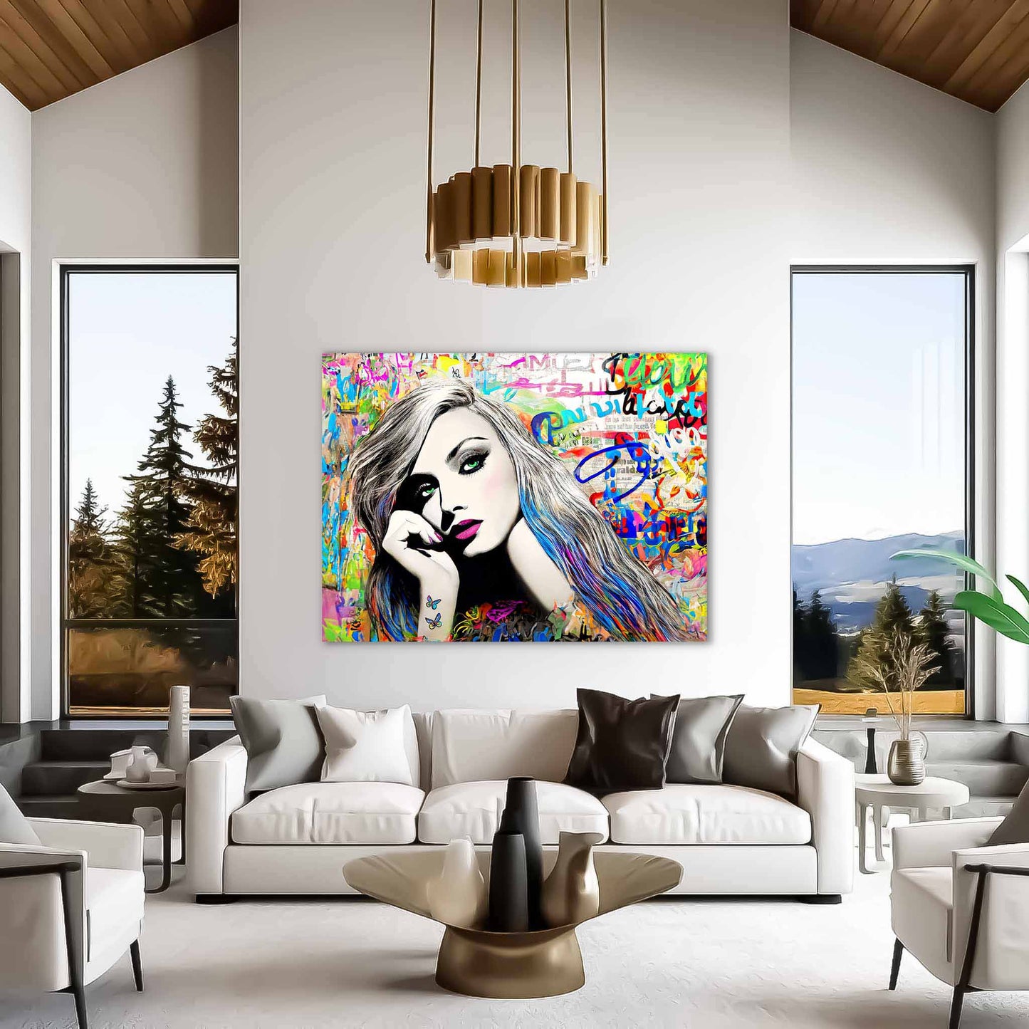 Colorful Graffiti Pop-Art of a woman with long colorful streaked hair and green eyes. Living room mockup, Splash of Vibrance-Graphique Addictions.