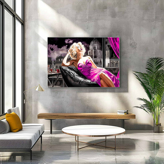 Foyer mockup of a beautiful blonde sitting on a black leather sofa, wearing a pink dress, with a glass of red wine on the table beside her with a view of the dark cityscape of Paris. Starry Noir Reverie-Graphique Addictions