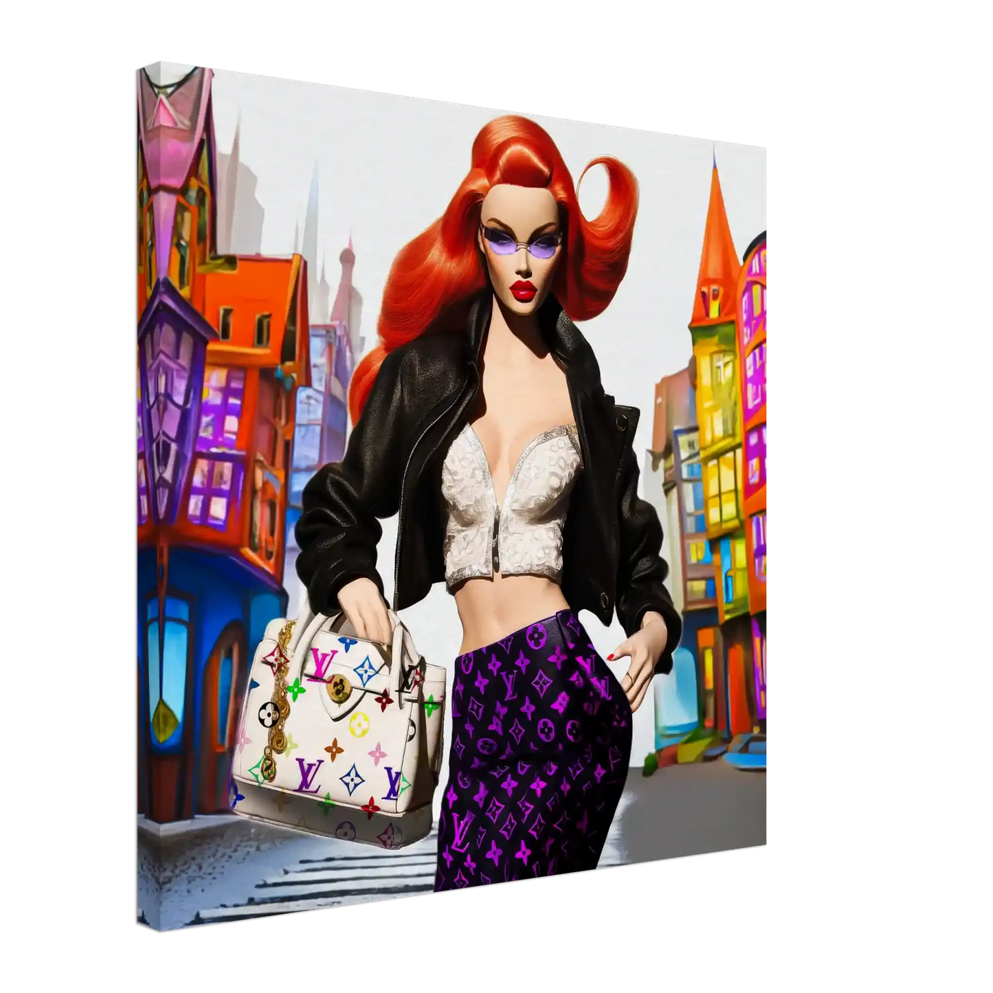Thick canvas print of red-haired fashion doll in white halter top, black leather skirt, holding Louis Vuitton bag with colorful building backdrop. City Doll Pop-Graphique Addictions.