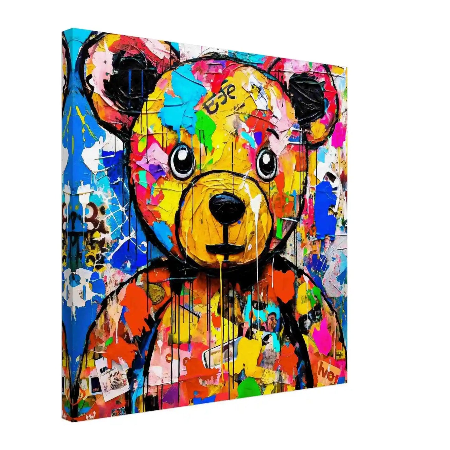 Teddy bear with multi-colored paint splashes, thick canvas print. Fluffy Street Vogue-Graphique Addictions