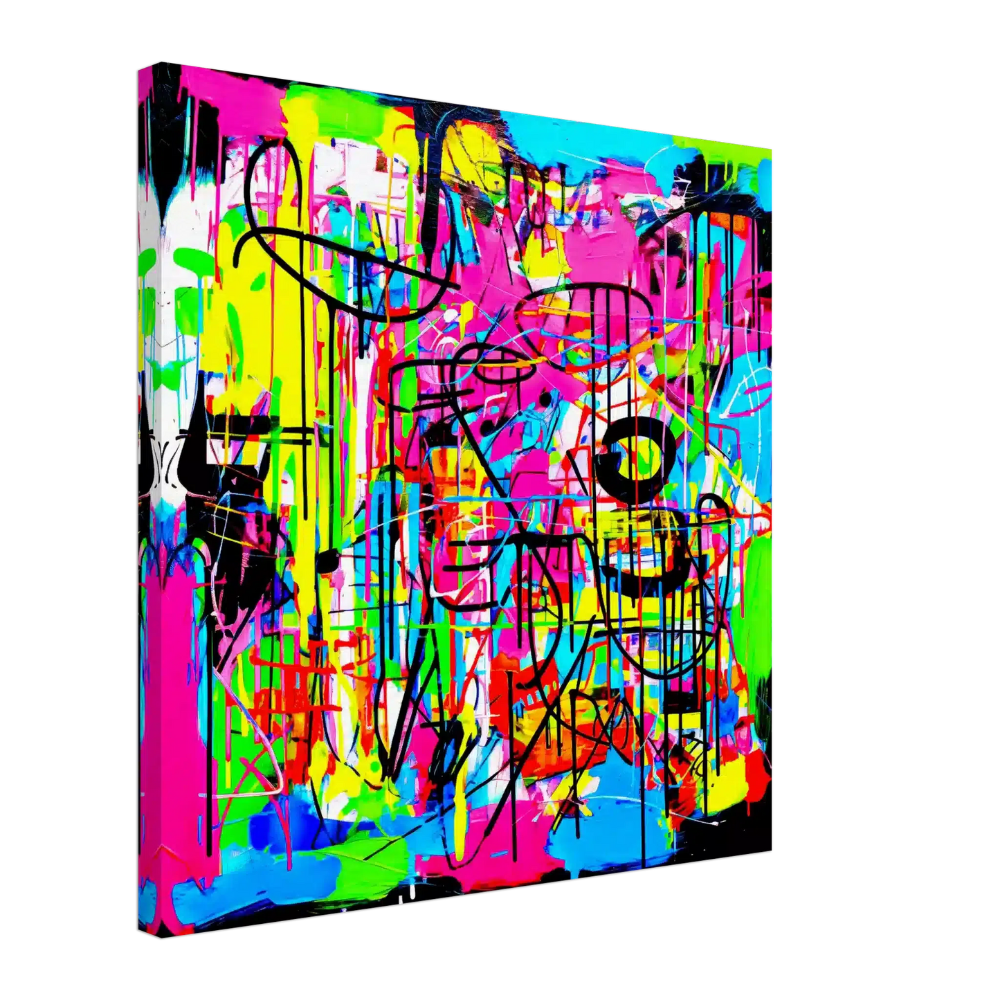 Thick canvas print of an abstract painting of bold, neon colors in pink, blue, green, yellow, orange, black, and white, graffiti-style brushstrokes and splashes. Liquid Chaos-Graphique Addictions.