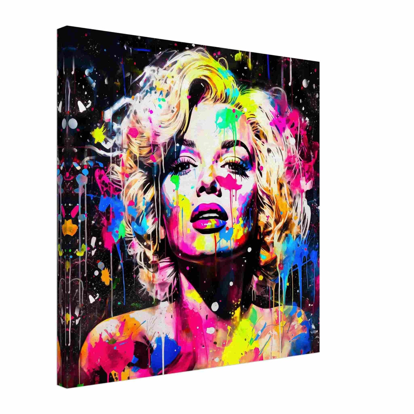 Thick canvas print of Marilyn Monroe's face splattered with colorful paint. Marilyn's Splatter-Sensation-Graphique Addictions.