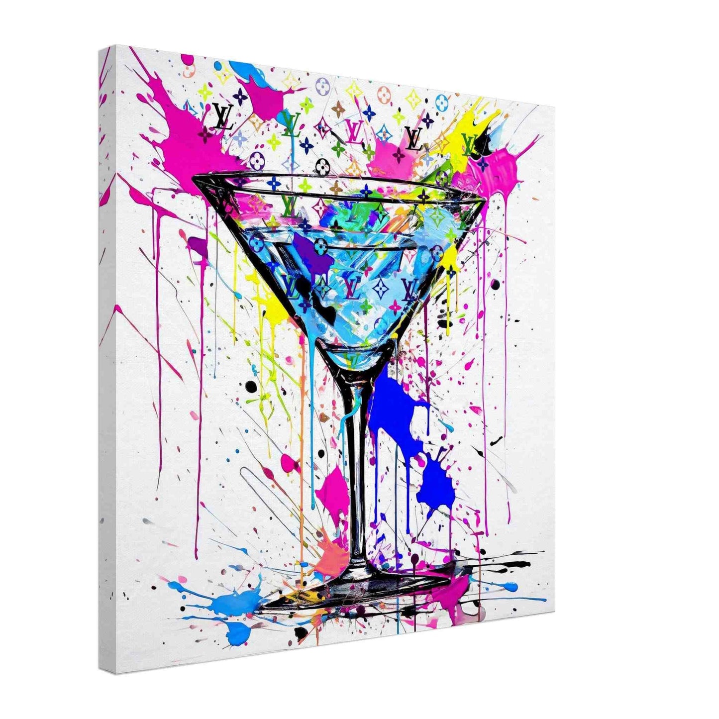 Thick canvas print of a Martini glass with colorful Louis Vuitton-inspired patterns, graffiti and paint drips. Monogrammed Martini-Graphique Addictions.