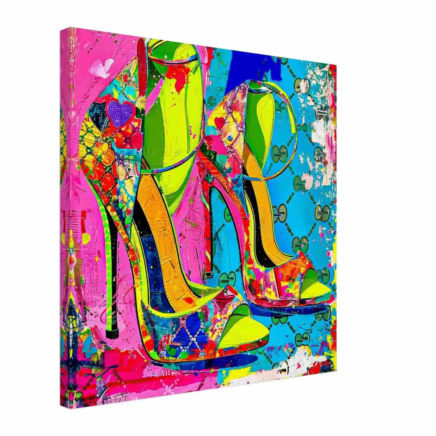 Thick canvas print of High heel shoes against colorful abstract background with splashes of color and shapes, in shades of lime green, hot pink, bright blue, and yellow. Neon Gucci Pumps-Graphique Addictions.