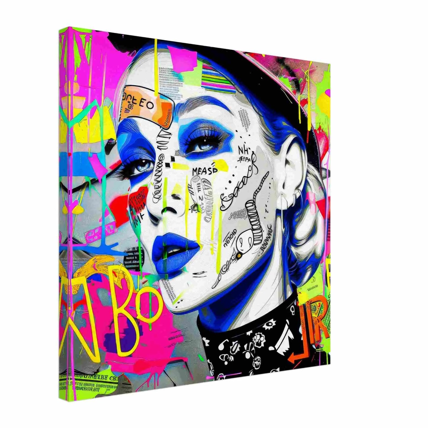 Thick canvas print of a close-up of a woman's face covered in vibrant stickers and graffiti, wearing blue lipstick. Neon Noir Vixen-Graphique Addictions.