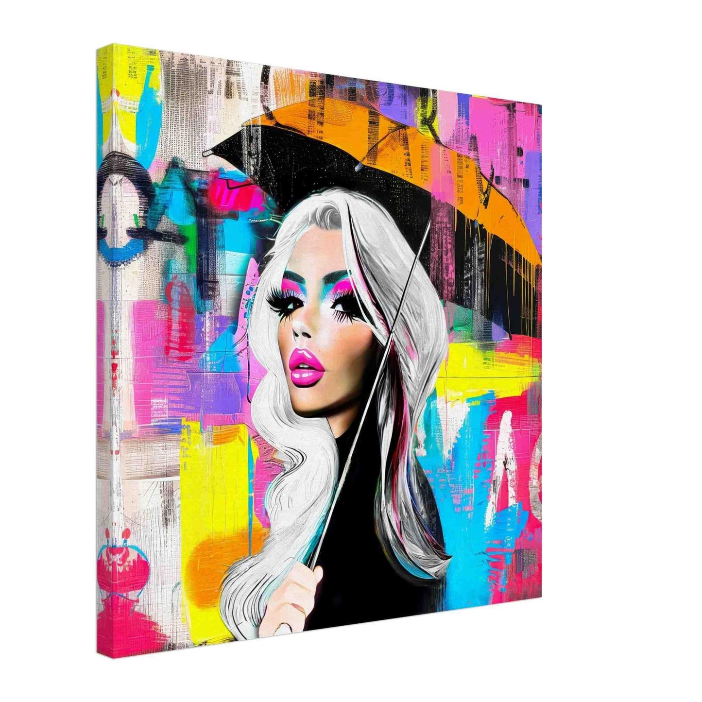 Thick canvas print of Silver-haired woman holding an orange umbrella against a backdrop of multi-colored dripping graffiti textures. Neon Umbrella Diva-Graphique Addictions.