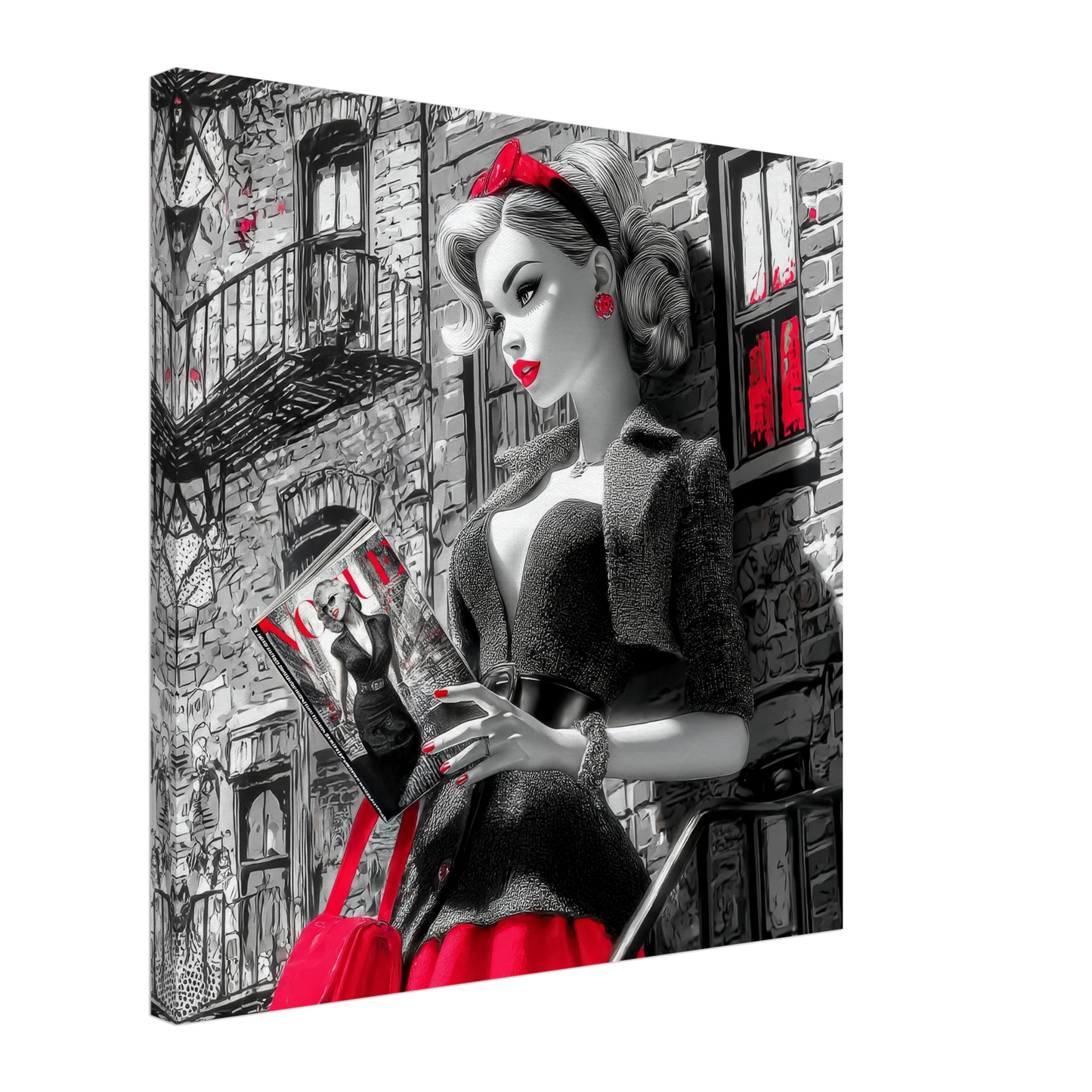 Black and white art of a fashion doll wearing a red skirt and black blazer, on a NYC street corner holding a magazine-thick-24x24-inches-canvas-print-nyc-noir-doll-mockup, Graphique Addictions