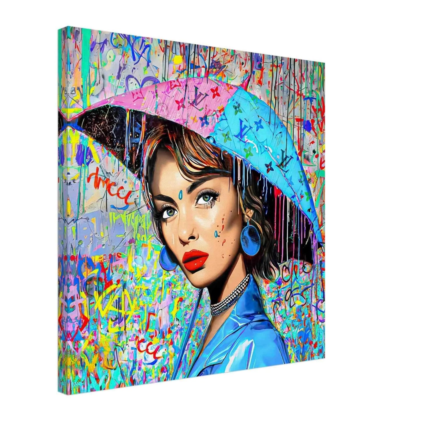 Thick canvas print of Audrey Hepburn holding an umbrella decorated with graffiti and Louis Vuitton-inspired monogram and a backdrop with patterns of graffiti and dripping paint. Painted Rainfall-Graphique Addictions.