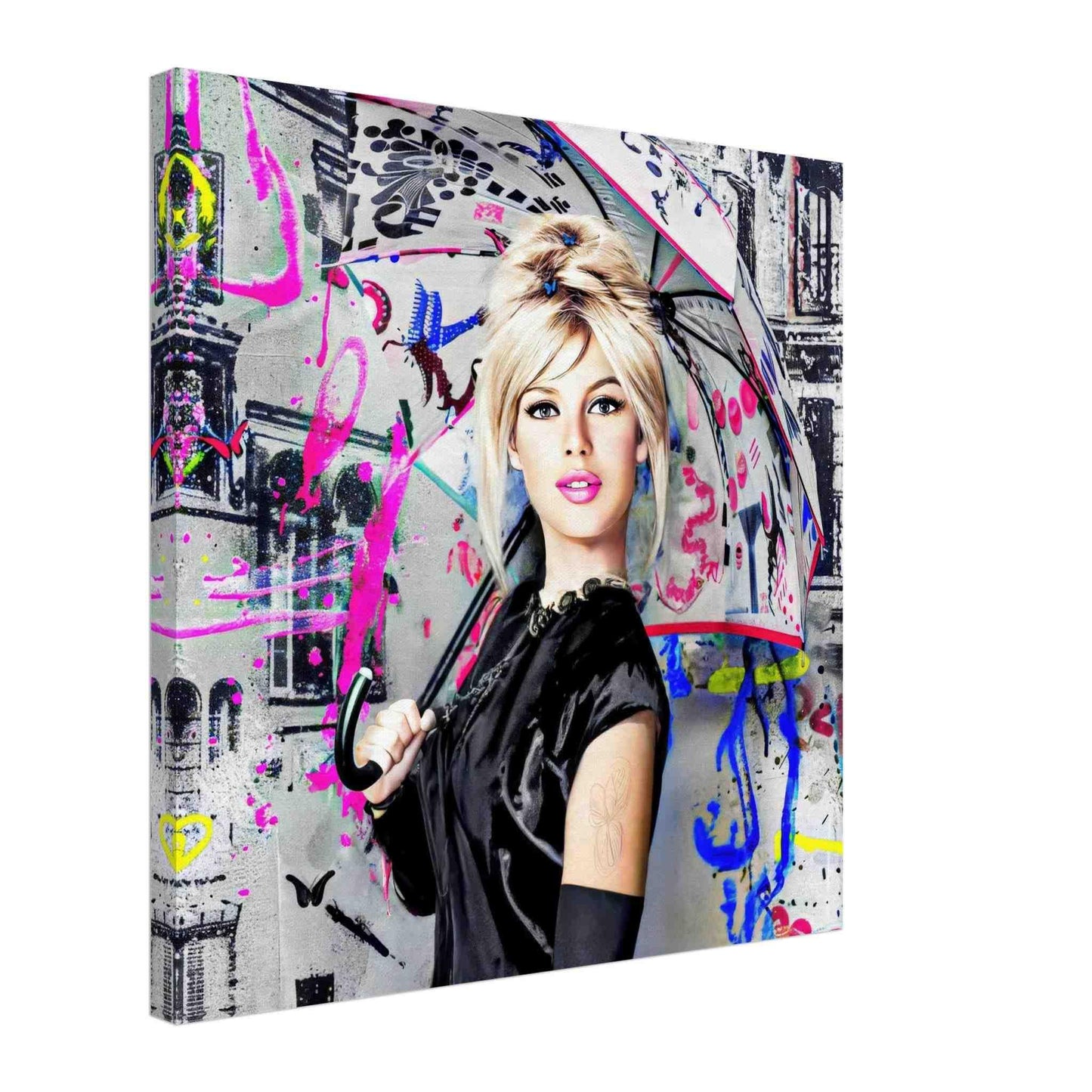 Brigitte Bardot holding an umbrella in a black dress and gloves, against a graffiti-cityscape with neon colors, thick canvas print. Parisian Pop-Graphique Addictions.