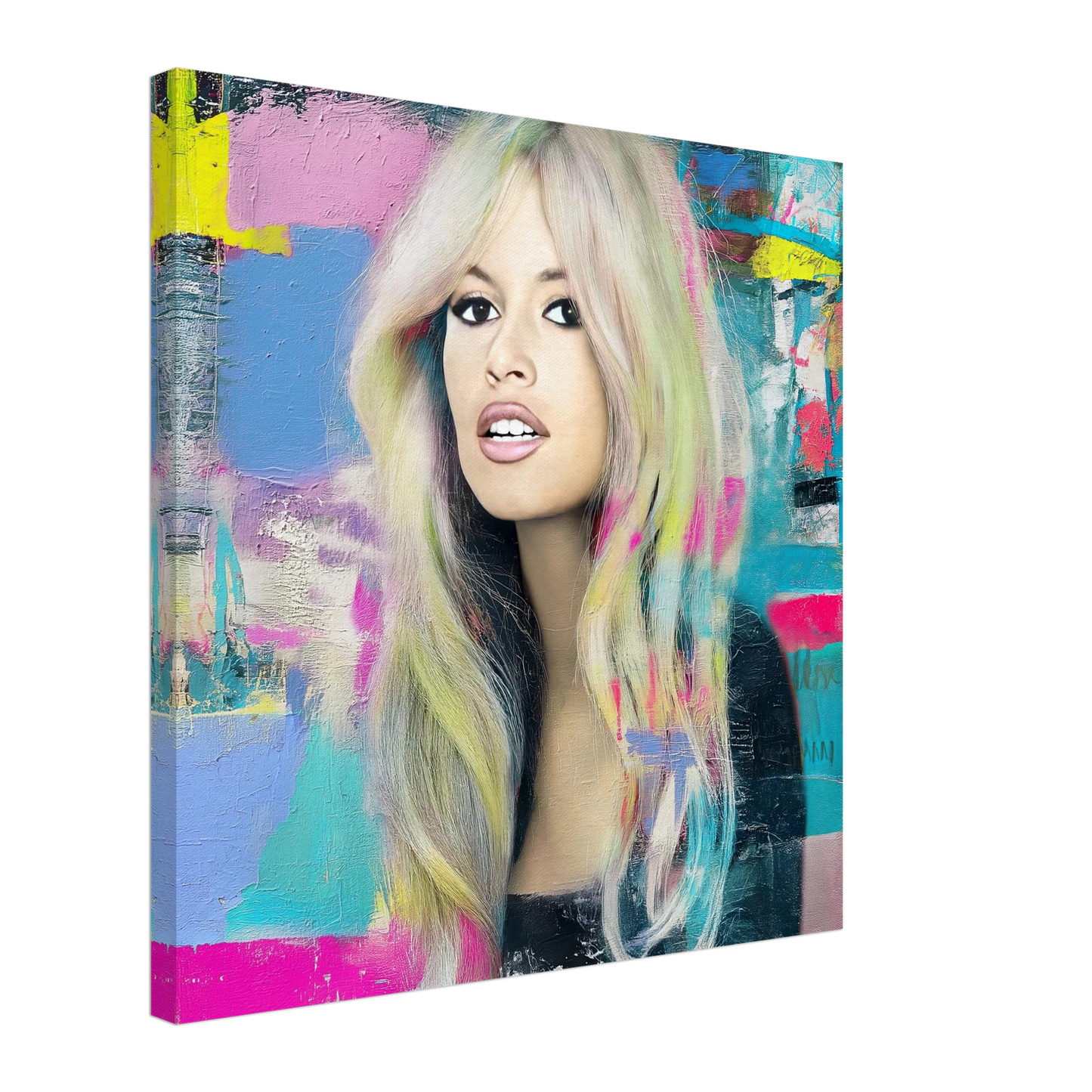 thick canvas oil painting of Brigitte Bardot with pastel-colored hair with bright colors and brush strokes. Pastel-Bardot-living room wall mockup.