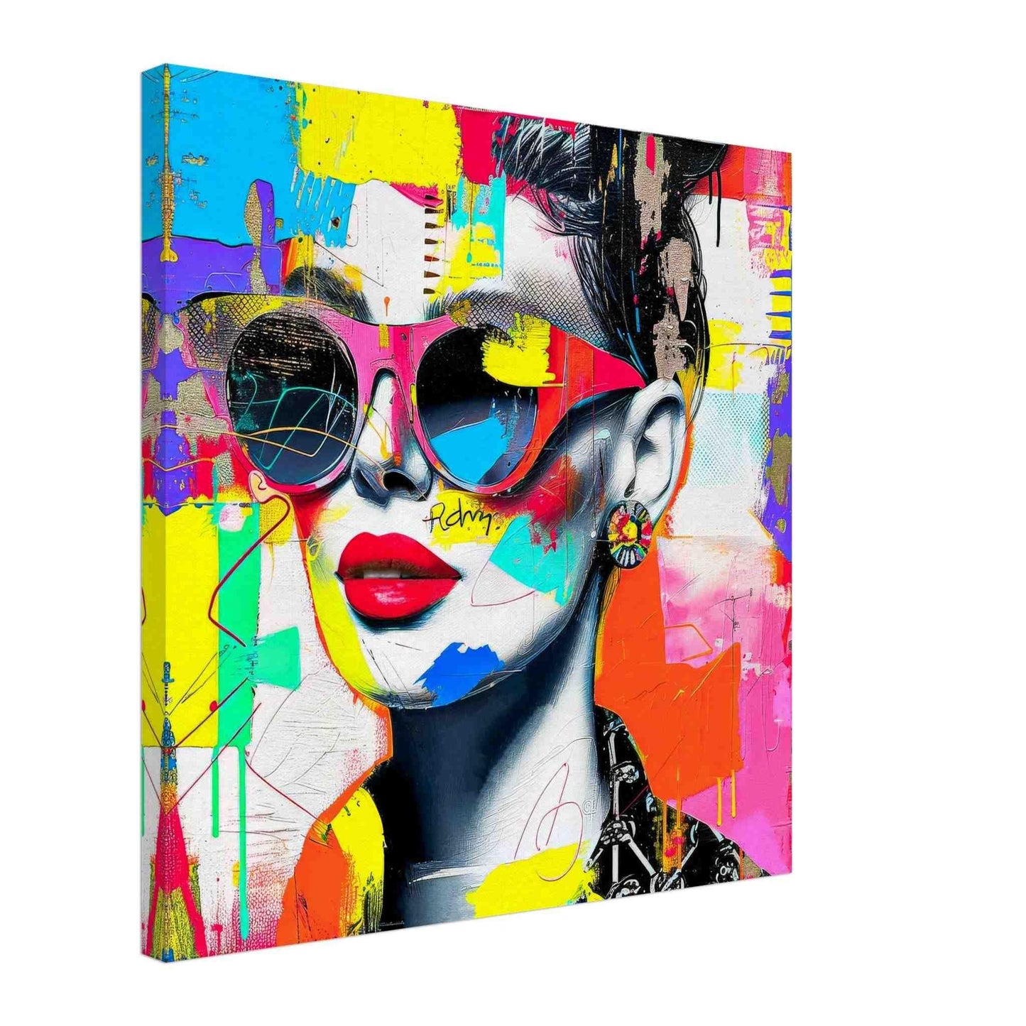 Portrait of a woman wearing sunglasses, red lips, and a bold earring against colorful abstract strokes, textures, and graffiti-inspired elements. Canvas Print-Thick-Shades of Compositions-Graphique Addictions