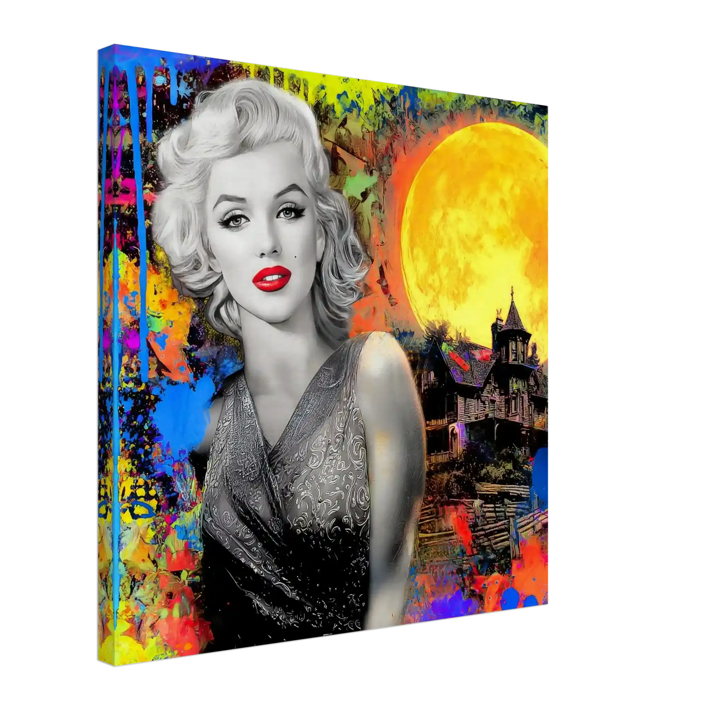 colorful thick canvas art print of marilyn monroe with paint splashes and a moon and haunted house behind her. Haunted Moonlight Vixen-Graphique Addictions.