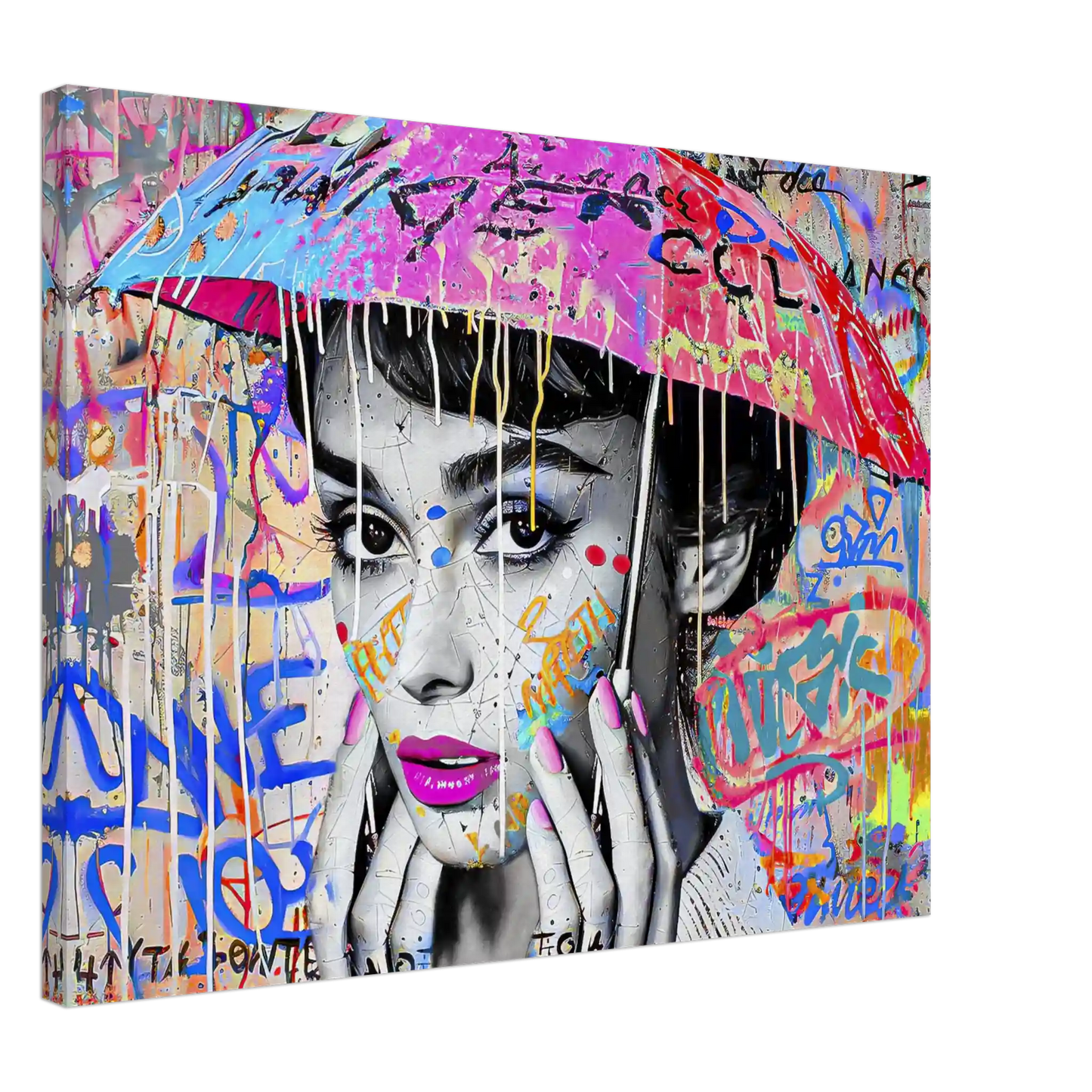 Thick canvas print of Audrey Hepburn with an umbrella over her head with colorful graffiti and paint. Splash of Street Style-Graphique Addictions.