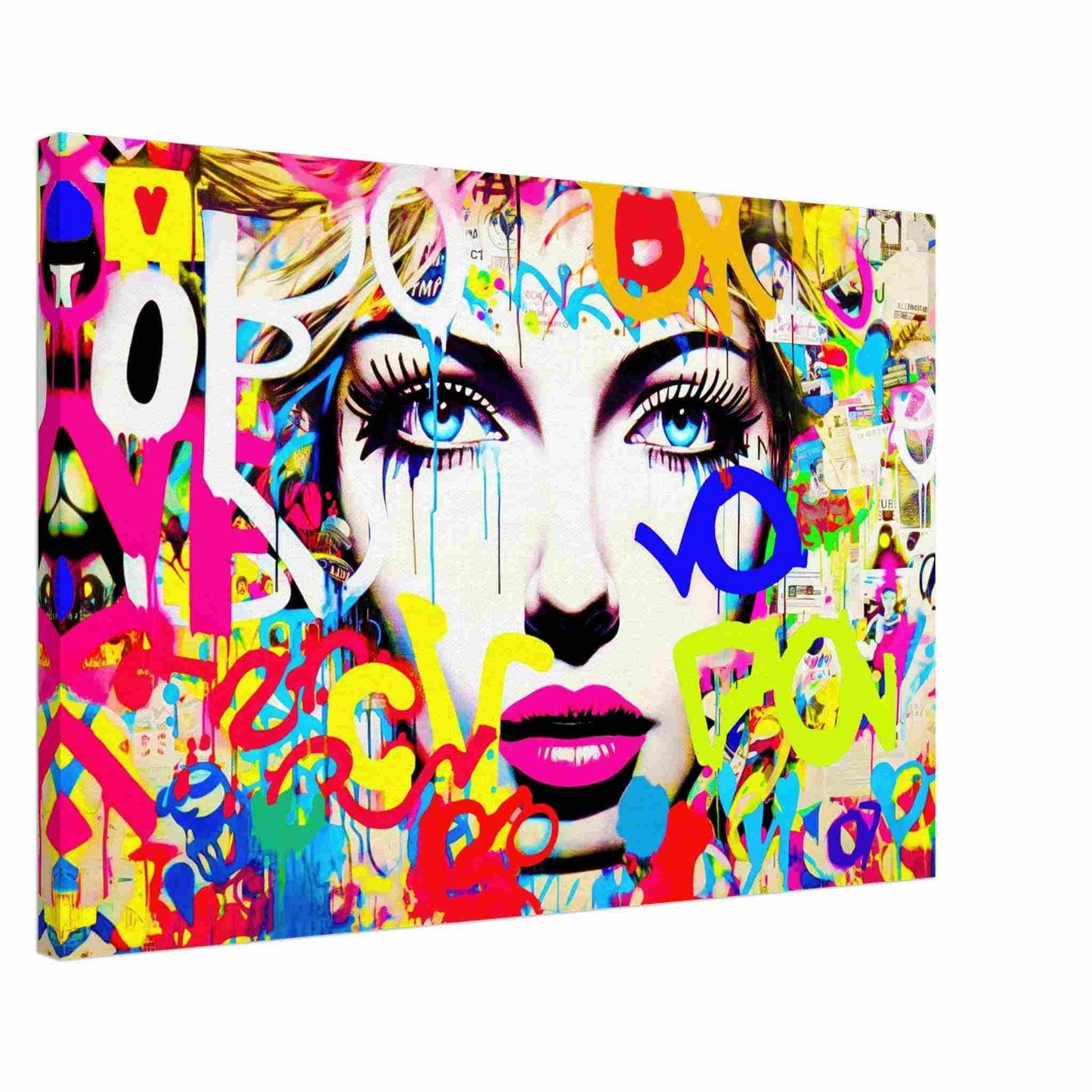 Thick canvas print close-up portrait of a woman against a white background, surrounded by vibrant graffiti and typography. Letters and Lipstick-Graphique Addictions.