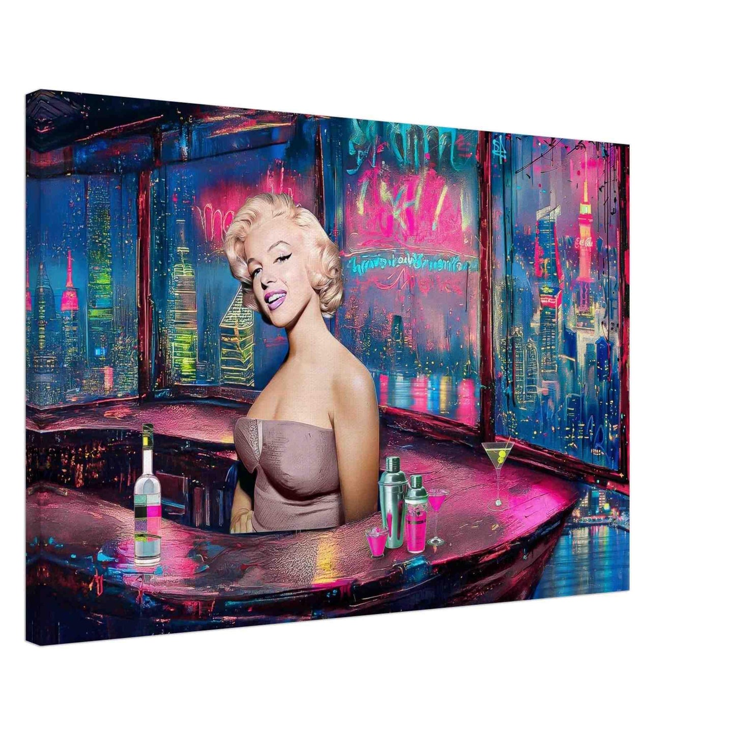 pop art thick canvas print of marilyn monroe as a bartender in a colorful cyberpunk bar overlooking the NYC skyline through the window. Graphique Addictions